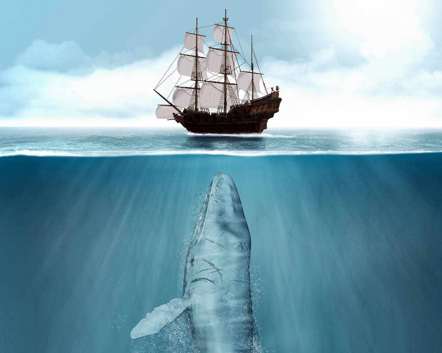 Ship in water with a whale below the water