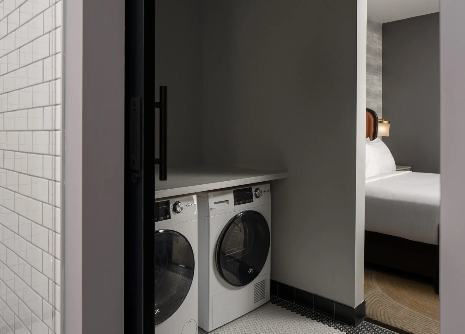 A washer and dryer in a room